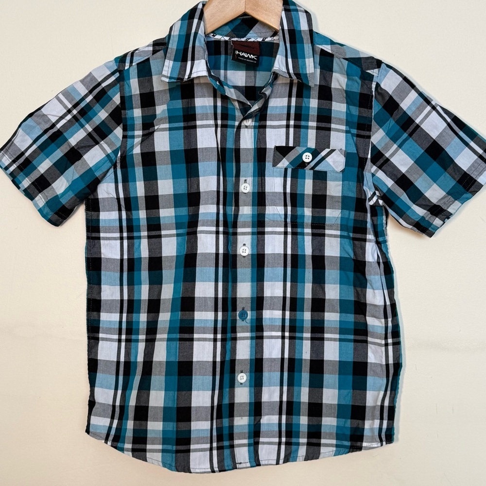 Boys Tony Hawk Blue Plaid Button Down Short Sleeve Shirt Size Large / 7
